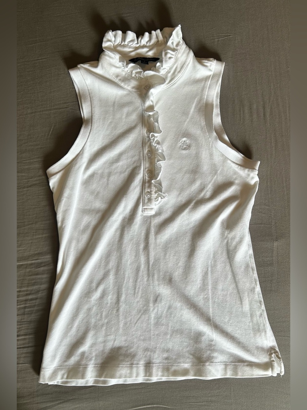 Brooks Brothers White Sleeveless Ruffle Polo Tank
